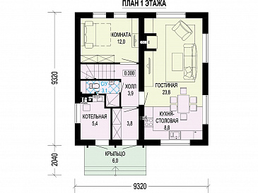 Проект загородного дома с отдельным входом в котельную,  спальней на первом этаже, ванной и санузлом на втором этаже / План 1 этажа