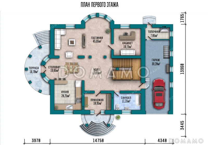 Проект усадьбы в классическом стиле с четырьмя спальнями, кабинетом, гаражом и подвалом / План 1 этажа