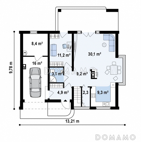 Проект одноэтажного мансардного дома из газобетона со стеклянным эркером в кухонной зоне, балконом над ним и гаражом / План 1 этажа
