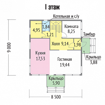 Проект современного дома из клееного бруса с двумя небольшими балконами на втором этаже / План 1 этажа