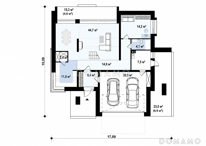 Проект кирпичного дома с кабинетом, гаражом на 2 машины и террасой на втором этаже / План 1 этажа