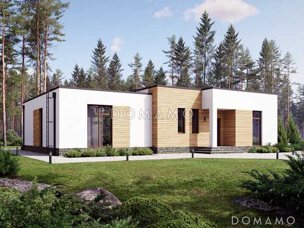 Проект одноэтажного дома с плоской крышей и длинной террасой