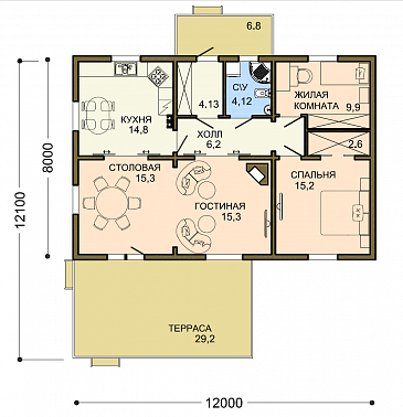 Проект небольшого одноэтажного дома с отделкой клинкером и двумя спальнями / План 1 этажа