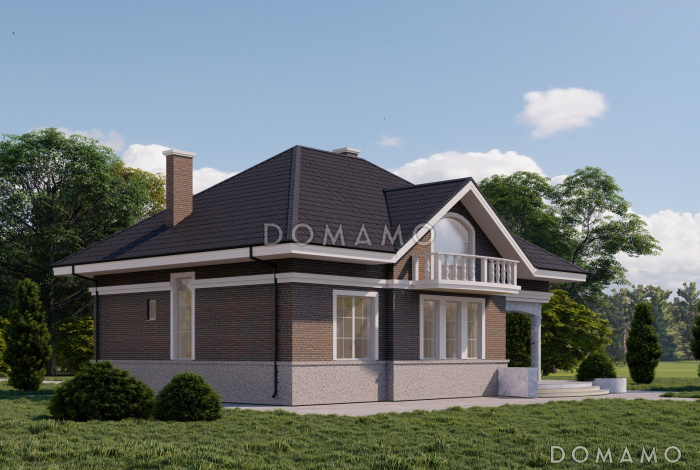 Проект двухэтажного кирпичного дома с тремя балконами, округлыми террасой и крыльцом