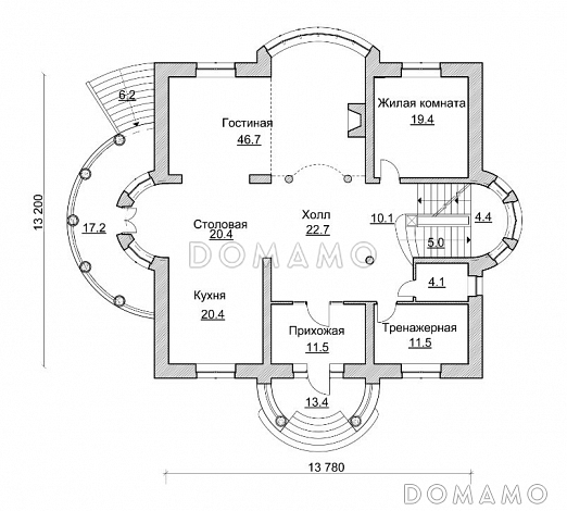Проект коттеджа с просторной двусветной гостиной / План 1 этажа