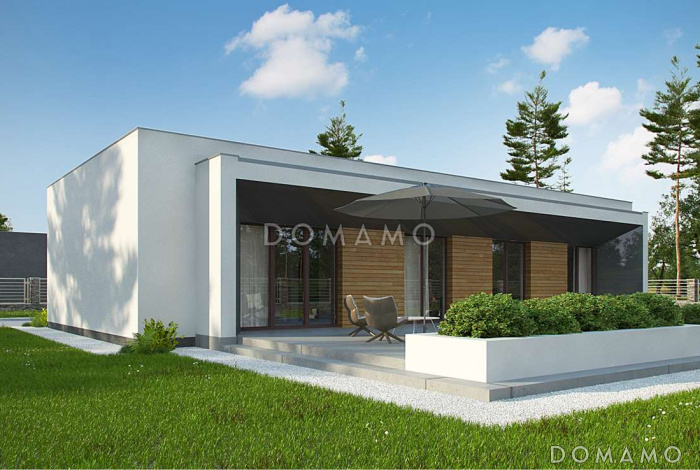 Проект современного одноэтажного углового дома из газобетона с плоской крышей, с тремя спальнями и двухместным гаражом 