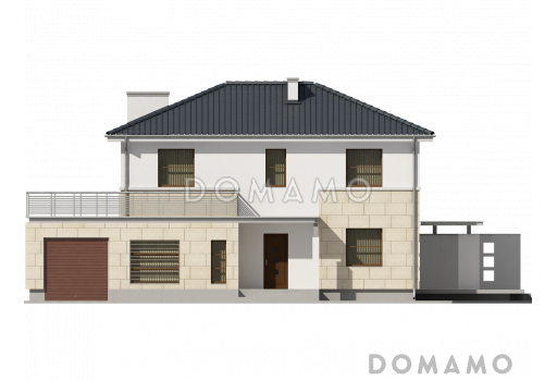 Проект двухэтажного дома из кирпича с гаражом и большой террасой на втором этаже / Фасад 1