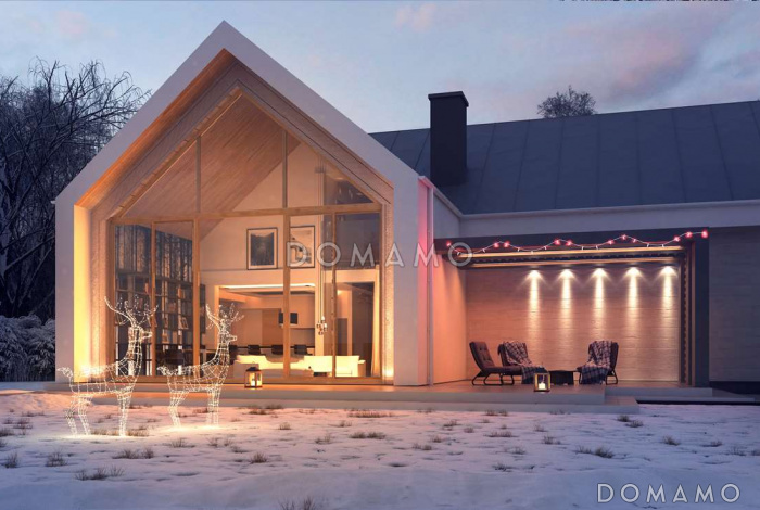 Проект современного одноэтажного мансардного дома из газобетона с панорамным остеклением, вторым светом и с гаражом 