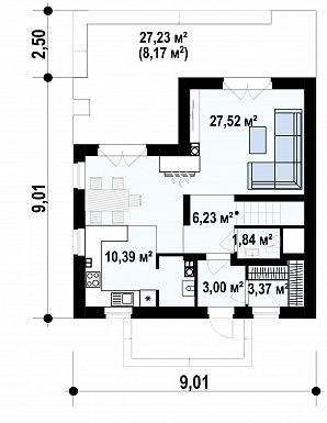 Проект дома с террасой, мансардными окнами, балконом,  треугольным окном в ванной на мансарде / План 1 этажа