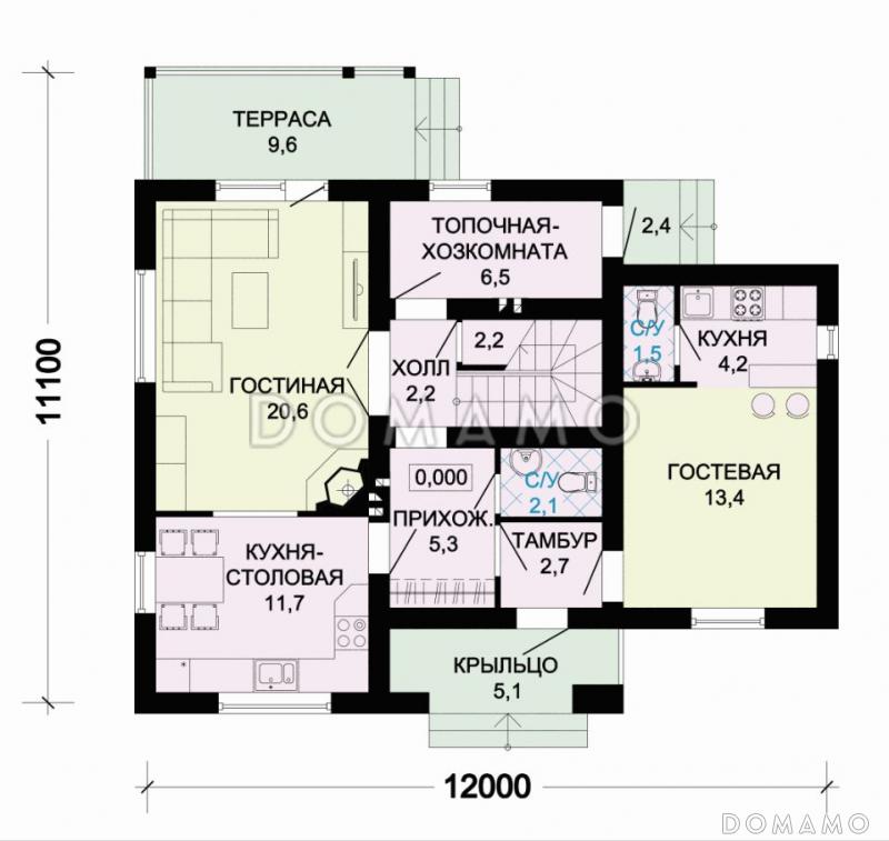 Проект небольшого дома с пятью жилыми комнатами и балконом / План 1 этажа