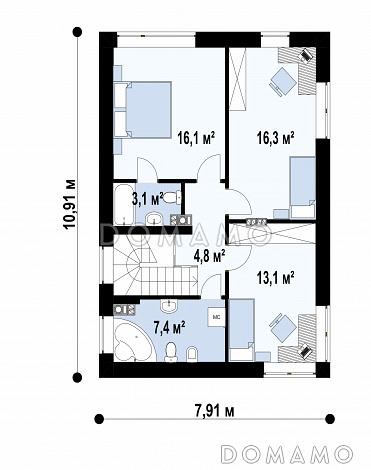 Проект двухэтажного дома с подвалом, кладовой, гостиной с камином, тремя спальнями / План 2 этажа