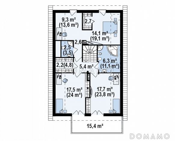 Проект одноэтажного мансардного дома из кирпича с крытой угловой террасой и большой открытой террасой над гаражом / План мансардного этажа