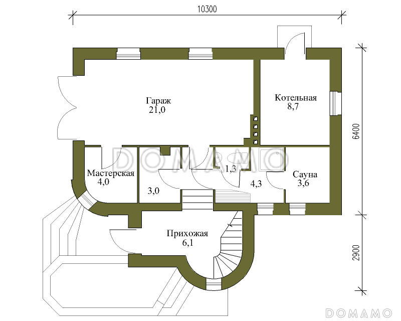 Проект коттеджа с зимним садом и гаражом / План 1 этажа