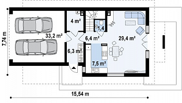 Проект одноэтажного мансардного дома из кирпича с гаражом на два автомобиля для вытянутого участка / План 1 этажа