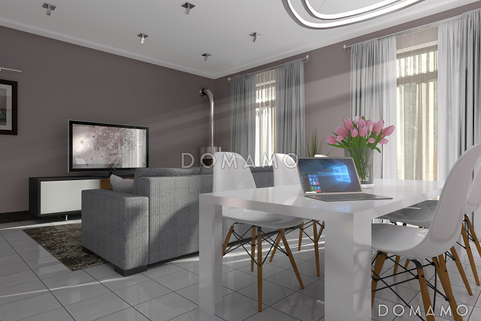 Проект дома с просторной открытой террасой, гаражом, спальнями и большим балконом-террасой на втором этаже