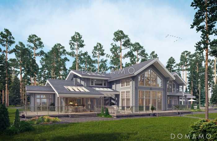 Проект дома из клееного бруса с мансардными окнами и большой площадью остекления