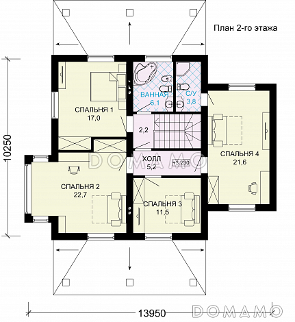 Проект двухэтажного дома из пеноблоков с гаражом для двух автомобилей / План 2 этажа