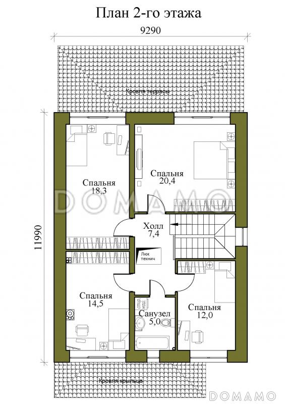 Проект двухэтажного каркасного дома с крытой террасой и четырьмя спальнями на втором этаже / План 2 этажа
