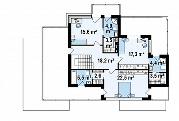 Проект просторного современного двухэтажного дома из газобетона, с пятью комнатами, гаражом и террасой над ним / План 2 этажа