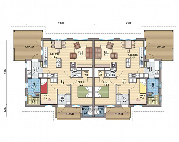Проект каркасного дома для двух семей с широкой террасой / План 1 этажа