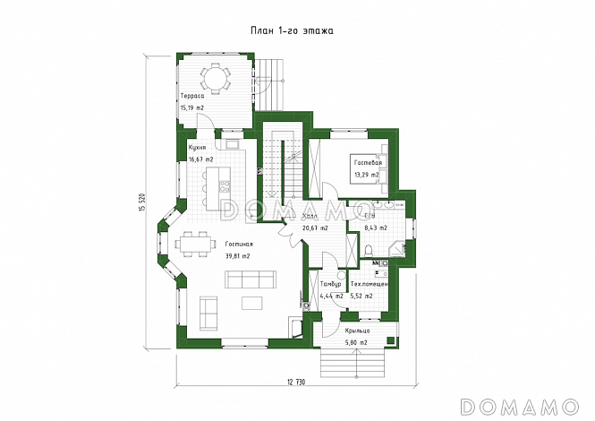 Проект двухэтажного дома с эркерной гостиной, камином и крытой террасой / План 1 этажа