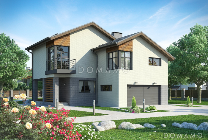 Проект дома с гаражом на две машины, террасой, вторым светом, сауной, двумя балконами