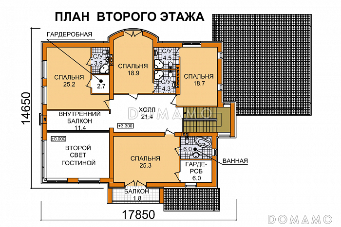 Проект дома из пеноблоков с большой открытой террасой и гаражом на две машины / План 2 этажа