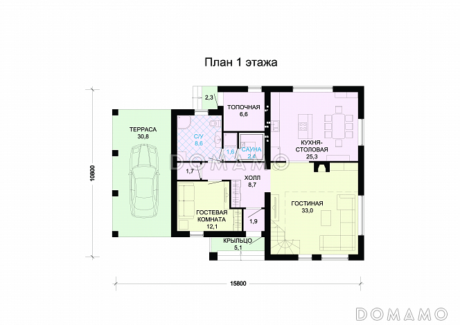 Проект дома из пеноблоков с небольшой сауной / План 1 этажа