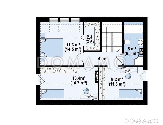 Проект компактного одноэтажного дома из газобетона с ночной зоной на мансардном этаже и открытой террасой вдоль дома / План мансардного этажа