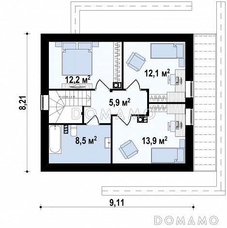 Проект компактного одноэтажного мансардного дома из кирпича с кабинетом и тремя спальнями / План мансардного этажа