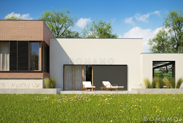 Проект современного одноэтажного дома из газобетона с плоской крышей с тремя спальнями и подземным гаражом