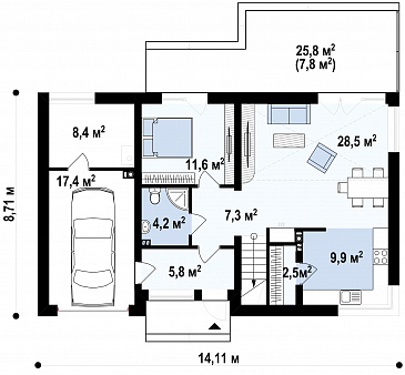 Проект мансардного дома из кирпича с четырьмя спальнями, вторым светом и гаражом / План 1 этажа