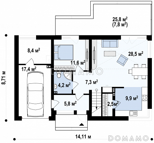 Проект мансардного дома из кирпича с четырьмя спальнями, вторым светом и гаражом / План 1 этажа