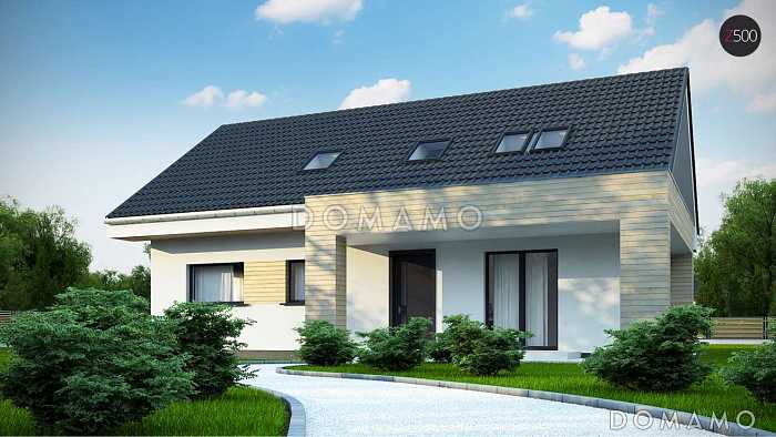 Проект одноэтажного мансардного дома из кирпича с угловой террасой