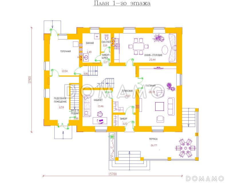 Проект одноэтажного дома с мансардным этажом и подвалом / План 1 этажа