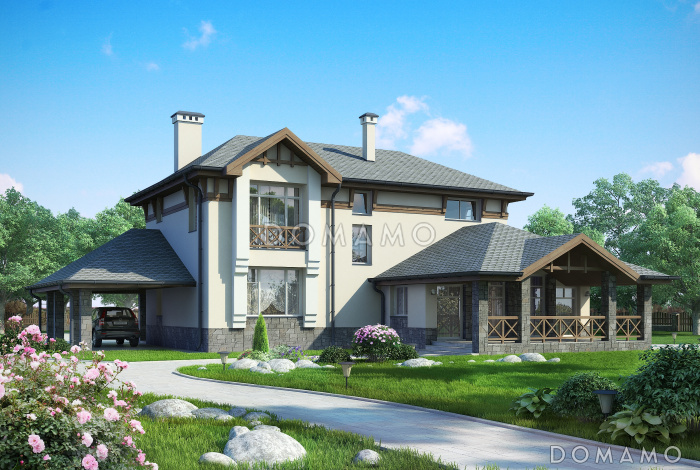 Проект загородного дома с навесом на одну машину, крытой террасой, большой гостиной, вытянутой кухней, французским балконом