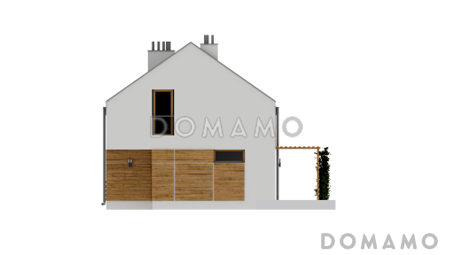 Проект компактного одноэтажного дома из кирпича с ночной зоной на мансардном этаже и открытой террасой вдоль дома / Фасад 2