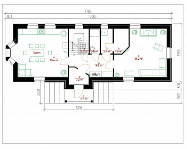 Проект просторного коттеджа из кирпича для узкого участка / План 1 этажа