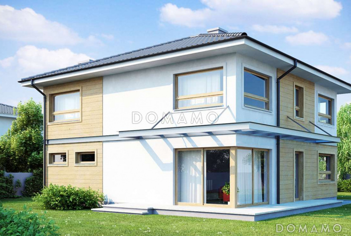 Проект двухэтажного дома из газобетона, адаптированный для сейсмозоны с четырьмя спальнями и удлинённым двухместным гаражом