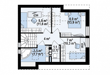 Проект одноэтажного мансардного дома из газобетона с большой площадью остекления в гостиной / План мансардного этажа