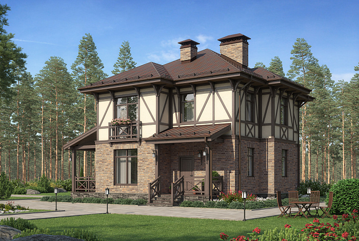 Проект дома с крытой террасой, кладовой под лестницей. эркерами, гостевой на первом этаже, спальнями и кабинетом на втором этаже