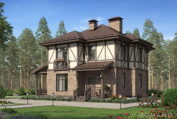 Проект дома с крытой террасой, кладовой под лестницей. эркерами, гостевой на первом этаже, спальнями и кабинетом на втором этаже