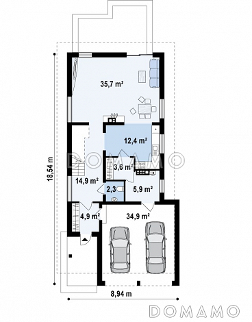 Проект одноэтажного мансардного дома из кирпича с гаражом на два автомобиля и террасой над гаражом / План 1 этажа