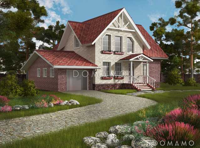 Проект загородного дома под красной кровлей с вторым светом, террасой и гаражом