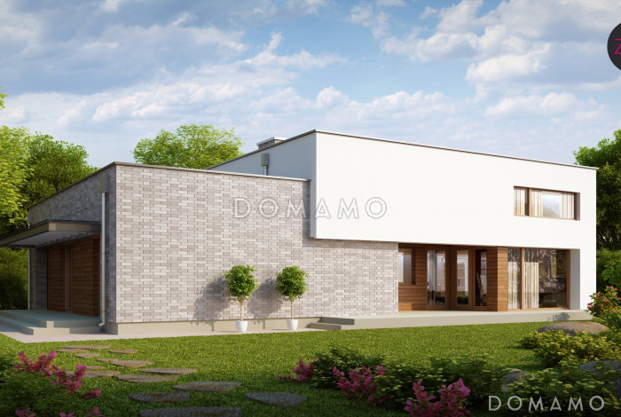 Проект современного одноэтажного дома с плоской крышей из газобетона с тремя спальнями и просторной гостиной с высокими потолками 