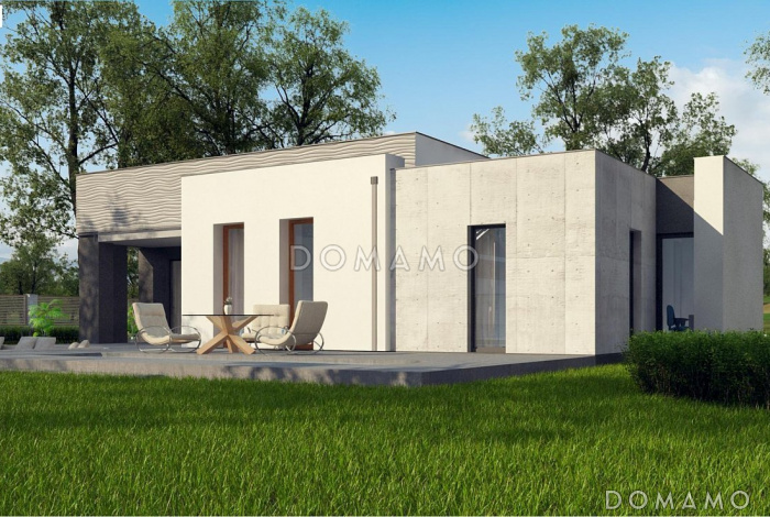 Проект современного одноэтажного дома из кирпича с плоской крышей с тремя спальнями и частично крытой террасой, без гаража