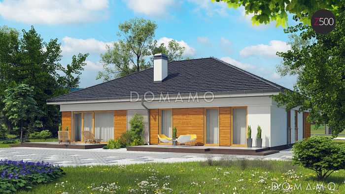 Проект одноэтажного дома из кирпича с кабинетом, двумя спальнями оснащёнными санузлами и гаражом на два автомобиля