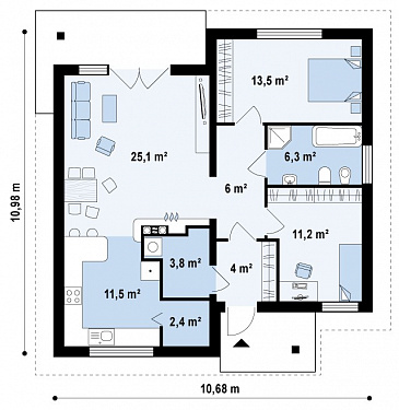 Проект одноэтажного дома из газобетона с двумя спальнями и крытой террасой / План 1 этажа