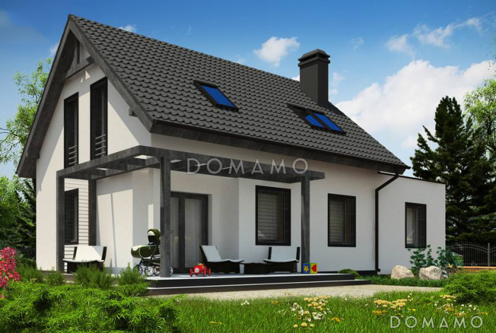 Проект дома из газобетона с мансардой, камином, кабинетом и гаражом