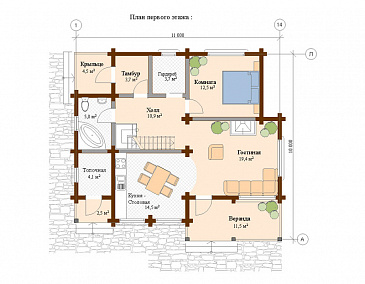 Проект дома из клееного бруса со вторым светом и тремя спальнями на втором этаже / План 1 этажа